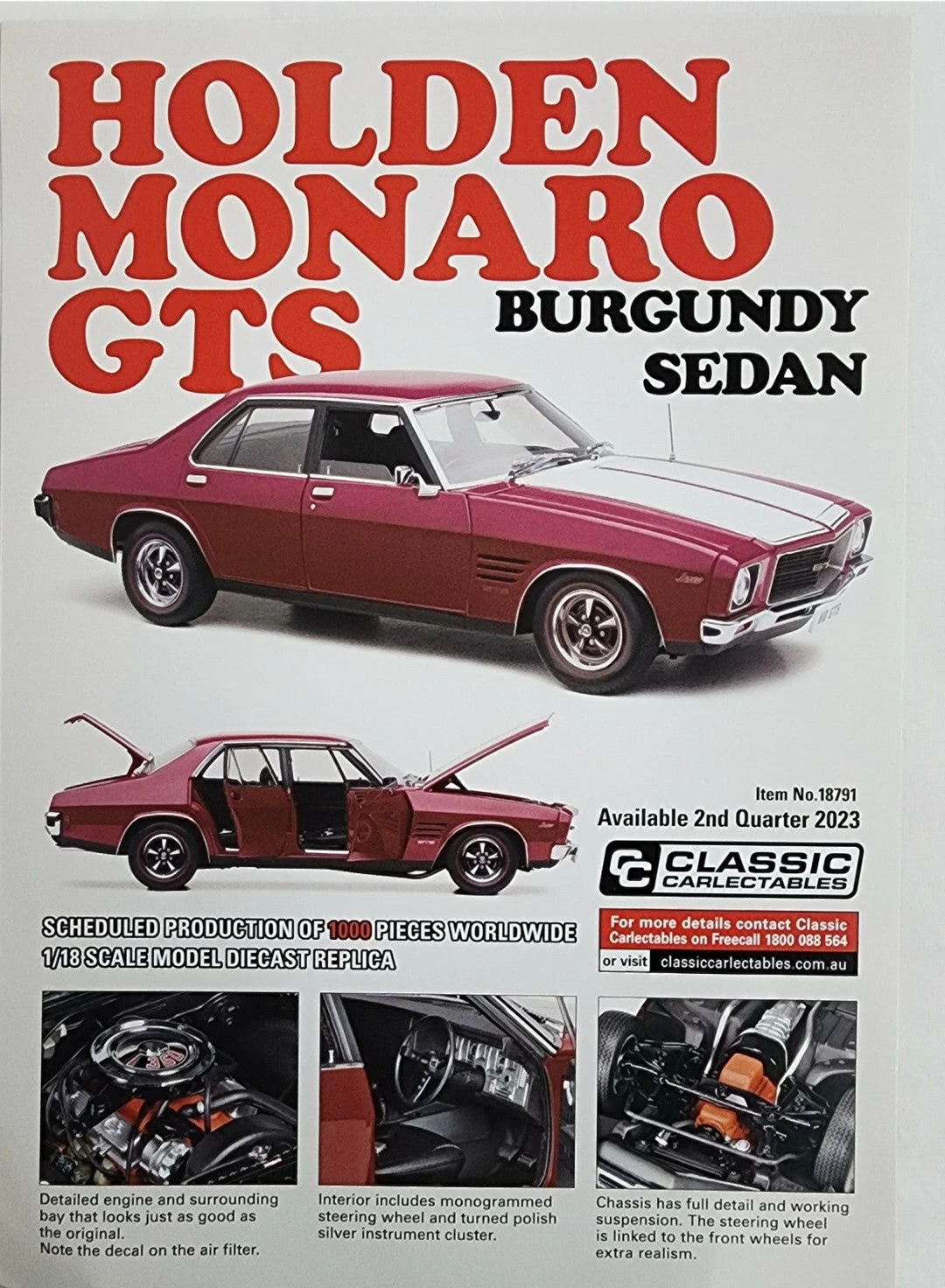 1:18 HOLDEN HQ MONARO GTS BURGUNDY SEDAN 4 1:18 HOLDEN HQ MONARO GTS BURGUNDY SEDAN - Image 2
